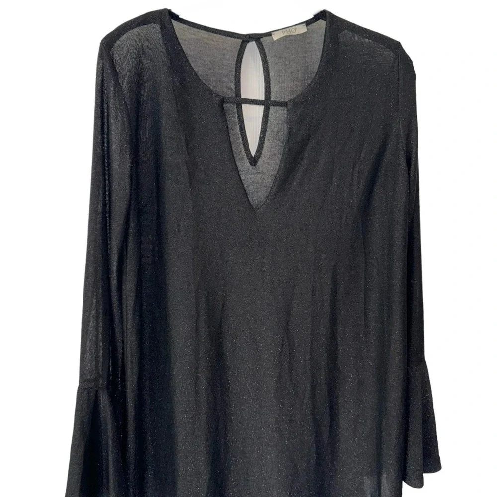 PHO Long Bell Sleeves Sheer Peep Hole Back‎ Midi Swimsuit Cover-Up Dress